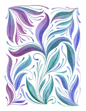 Ilustración de acuarela pintado a mano de hojas y flores en color morado azul verde lila agua para diseños con textura invitaciones de boda 
