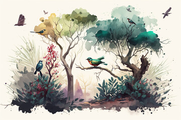 watercolor painting of a forest landscape with birds, butterflies and trees Generative AI