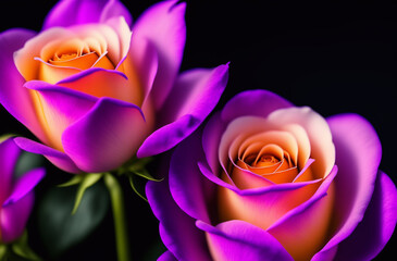 Fototapeta na wymiar Close-up of two purple roses flowers on a black background. Generative AI.