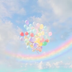 Fototapeta na wymiar Abstract cloud concept, gentle rainbow color cloud in the clear sky, background with vivid color, colorful balloons in the sky. Fairy tale landscape. Illustration, Generative AI.