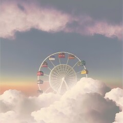 Abstract sky landscape, symbol of summer. A thick, white cloud on which is Amusement park ride circuit. Abstract loving gentle landscape illustration. Generative AI.