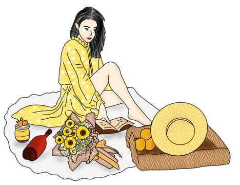 Woman Having A Picnic Illustration PNG