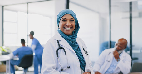 Face, Islamic woman and doctor with smile, hospital and confidence for surgery, consulting and smile. Muslim female, lady and medical professional for healthcare, consultant and surgeon in clinic.