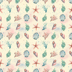 Seashells, algae, corals and sea sponges on the background of watercolor spots and splashes. Watercolor illustration. Seamless pattern from the collection of JELLYFISH AND SEAHORSE. For decoration