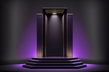 Stage podium scene for Award celebration or product presentation on purple background with lighting, generative ai.