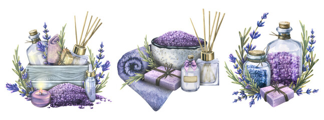 Handmade cosmetics, bath salts, soap, bombs with bottles, towels, lavender flowers and candles. Watercolor illustration. A set of compositions from the LAVENDER SPA collection. For decoration