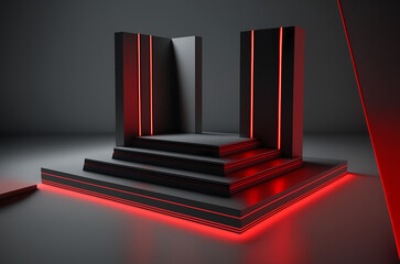 Fototapeta premium Stage podium scene for Award celebration or product presentation on red background with lighting, generative ai.
