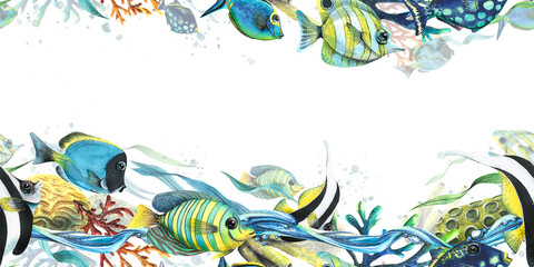 Animals of the underwater world, coral reefs, waves of water, sea sponges, algae and bright, colorful fish. Watercolor illustration. Seamless border pattern from the TROPICAL FISH collection. © NATASHA-CHU