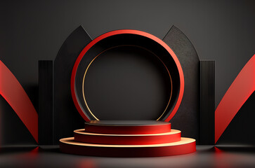 Stage podium scene for Award celebration or product presentation on red background with lighting, generative ai.