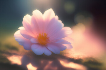 Pink flower with backlight on bokeh background on a sunny day. Generative AI.