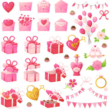 Pink Valentine day objects set. Romantic decoration symbols in realistic cartoon style