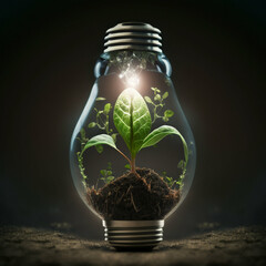 Small plant growing inside a lightbulb. energy saving light bulb on black background. Generative AI