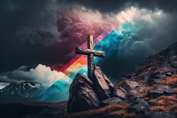 cross on the mountain sunset colors lgbt IA