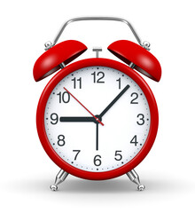 3d illustration red alarm clock over white background;