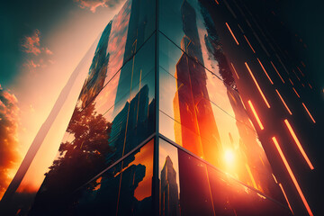 A skyscraper with the sun shining brightly in the background, low angle shot of financial corporate building with reflections representing the idea of success and prosperity. Generative AI