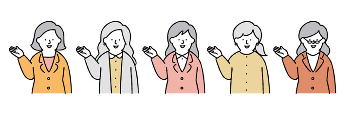 案内をする女性のイラストセット　イエロー