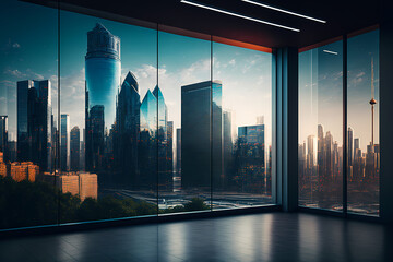 Big city view with glowing sun or sunset on cloudy sky background skyline cityscape, view through window of luxury office high tower for business background concept. Generative AI