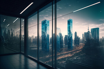 Fototapeta na wymiar Big city view with glowing sun or sunset on cloudy sky background skyline cityscape, view through window of luxury office high tower for business background concept. Generative AI