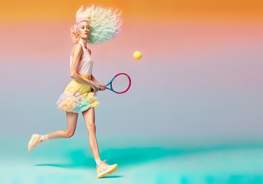 Creative pastel concept of a young girl, athlete with racket on tennis court. It's time for sports and recreation, Healthy body. Illustration. Generative AI.
