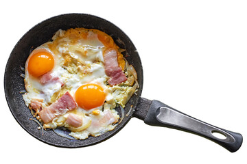 scrambled eggs with bacon and onions in an old frying pan