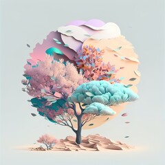 Pastel colors gentle landscape of nature, mountains, plants and trees. Soothing colors, escape to nature. Illustration background, Generative AI.