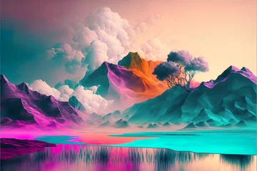 Fotobehang Abstract vivid colors landscape of desert mountains, dunes and sand. Colorful bright colors. Illustration, Generative AI. © Uncanny Valley