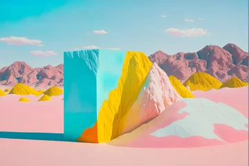Foto op Aluminium Abstract vivid colors landscape of desert mountains, dunes and sand. Colorful bright colors. Illustration, Generative AI. © Uncanny Valley