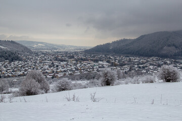 City view from snowy mountains