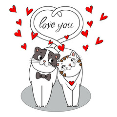 Pair of cute cats with red heart.

