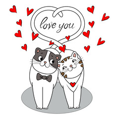 Pair of cute cats with red heart.