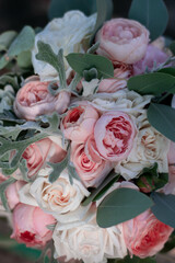 pink bridal bouquet with ribbons. Wedding day.