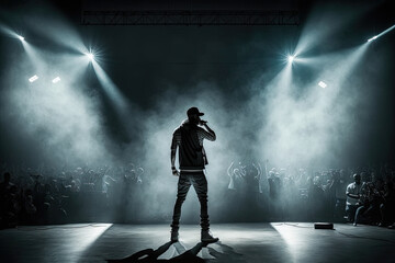 Generative Illustration AI of hip hop singer on stage during a concert illuminated by show lights - obrazy, fototapety, plakaty