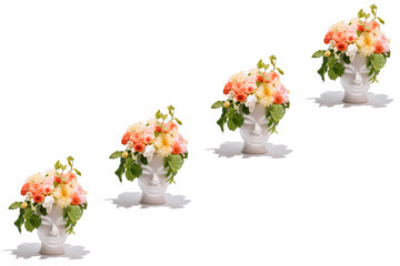 Naklejka na ściany i meble Fresh bunch of colorful flowers in human head shaped vases on white background. Creativity, nature, spring and summertime concept.