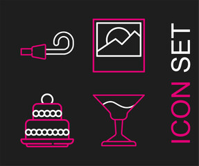 Set line Cocktail, Cake, Photo and Birthday party horn icon. Vector