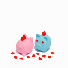 Pink and blue piggy banks in love with red hearts. Concept of love, money and savings.