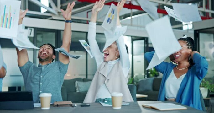 Business team, success and throw paper for celebration of sales target, winning group and profit goals. Happy employees celebrate with documents in air, motivation and happiness of diversity startup