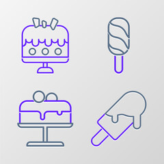 Set line Ice cream, Cake on plate, and icon. Vector
