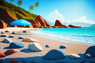 Naklejka premium Sea Landscape, Beach with Sand and Rocks