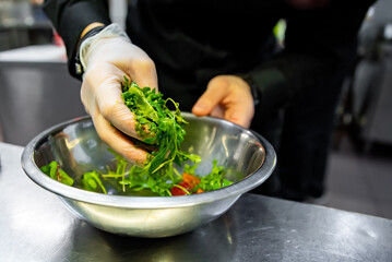 Chef hand mixing a vegetable salad in stainless steel bowl on kitchen