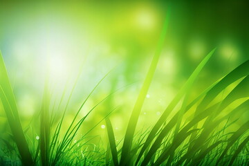 Spring grass with blurry selective focus, sun shines through the grass, macro