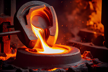 Liquid iron molten metal pouring in container, industrial metallurgical factory, foundry cast, heavy industry background - obrazy, fototapety, plakaty