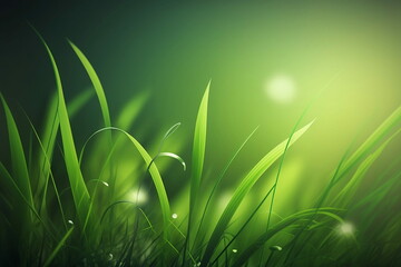 Spring grass with blurry selective focus, sun shines through the grass, macro
