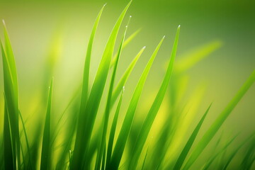 Spring grass with blurry selective focus, sun shines through the grass, macro