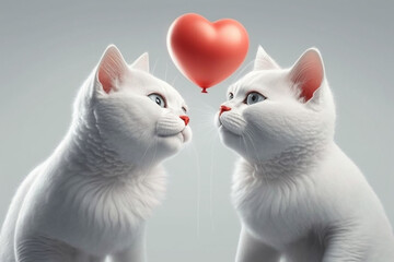 zwei weiße Kätzchen mit blauen Augen betrachten einen Herzluftballon. Süßes Motiv zu Valentinstag, Liebe, Hochzeit. Romantisch mit rotem Herz. - 567705453