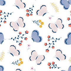 flat seamless pattern with butterflies and flowers