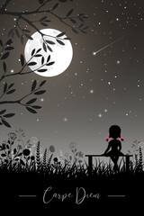 A little girl sits on a bench and looks at the moon and the starry sky.
