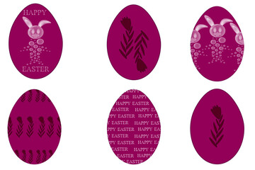 Viva magenta easter eggs set. Egg with flower, water drops bunny, inscription happy easter on white background.