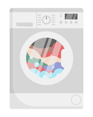 Washing machine with wet laundry inside, flat style vector illustration