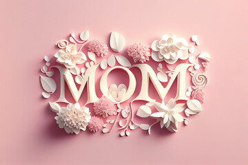 Surprising abstract text declaration of mom love made from white letters and flowers on pink background. Generative Ai