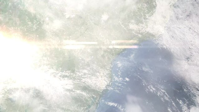 Earth zoom in from outer space to city. Zooming on Ponta Grosa, Parana, Brazil. The animation continues by zoom out through clouds and atmosphere into space. Images from NASA